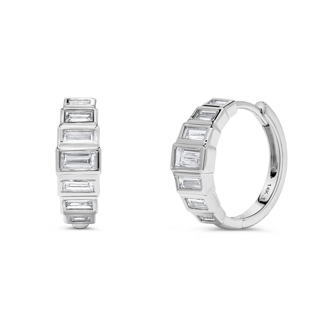 14K White Gold Bezel Set Baguette Hoops