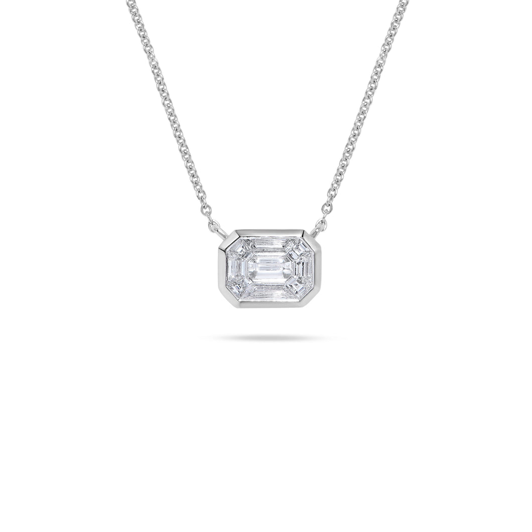 14K White Gold Emerald Pie Cut Diamond Bezel Set Solitaire Necklace