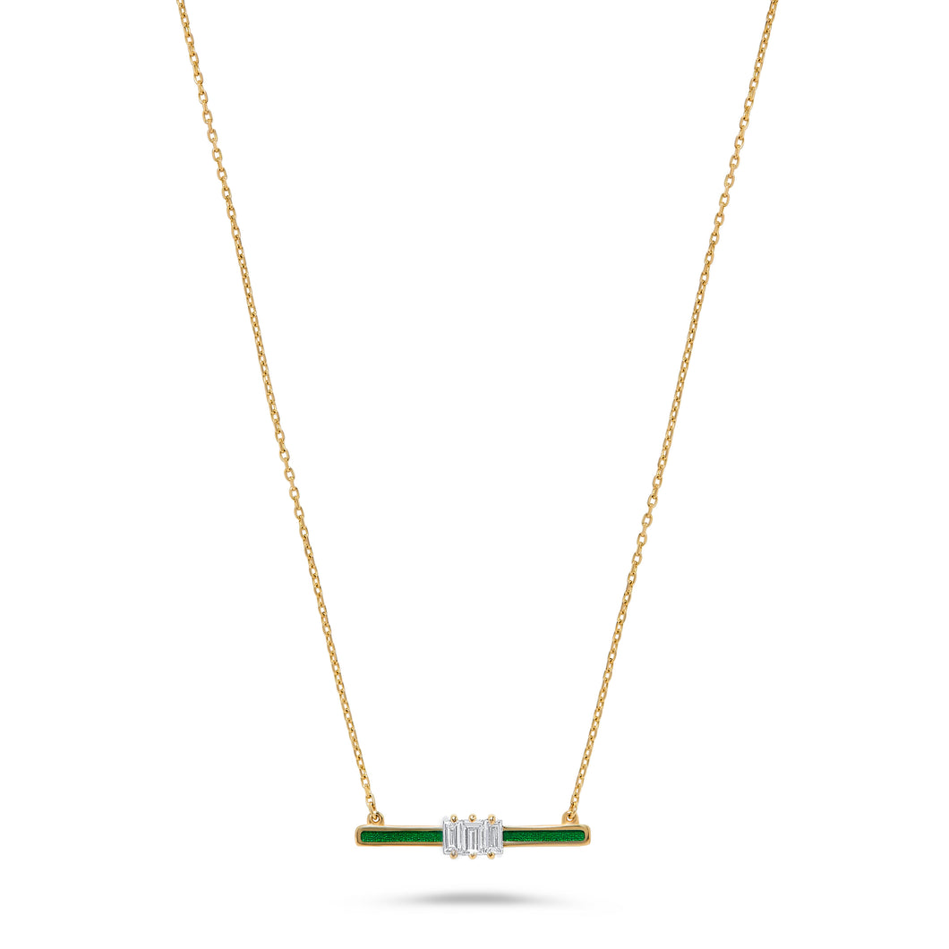 14K Gold Diamond & Green Enamel Necklace