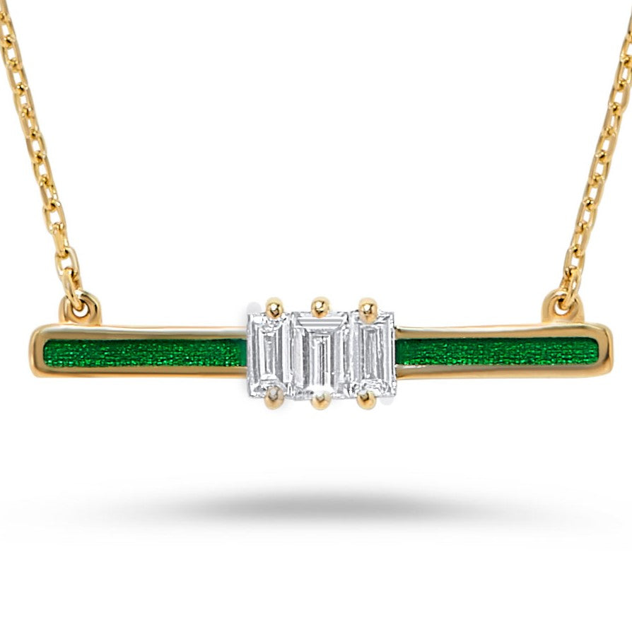 14K Gold Diamond & Green Enamel Necklace