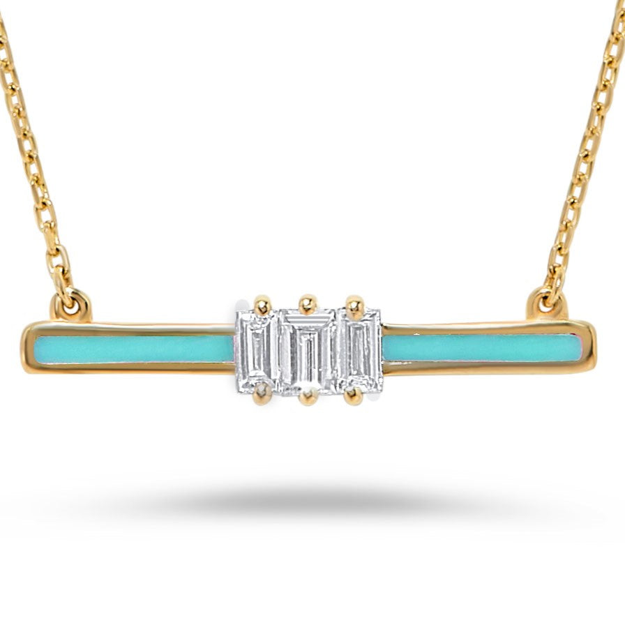 14K Gold Diamond & Turquoise Enamel Necklace