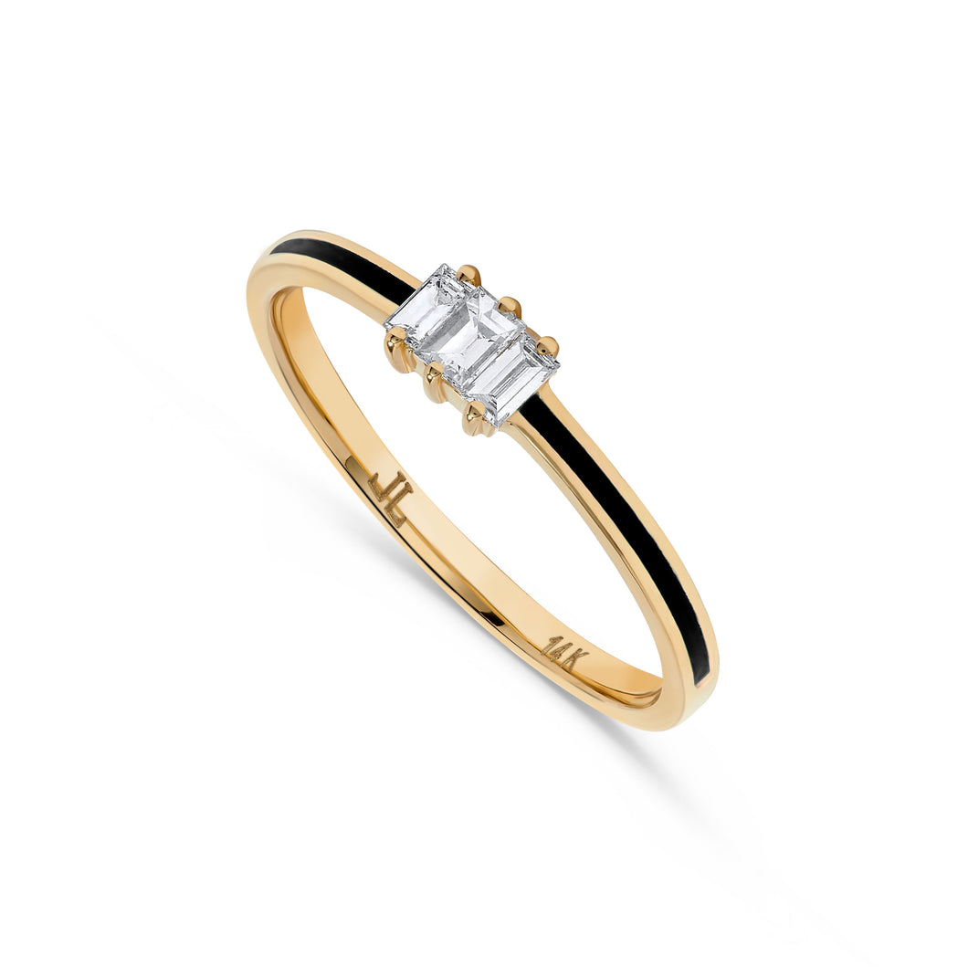 14K Gold Baguette Diamond and Black Enamel Ring