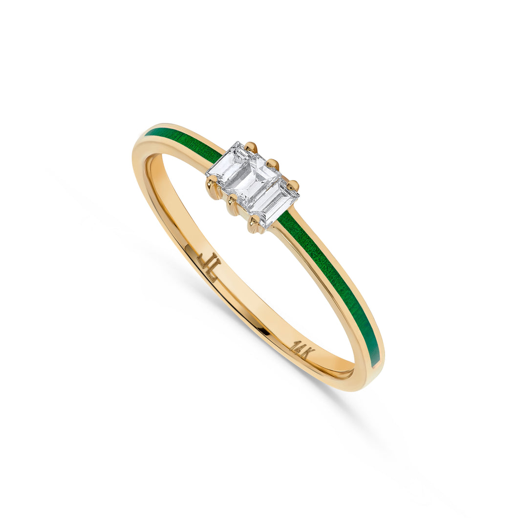 14K Gold Baguette Diamond and Green Enamel Ring