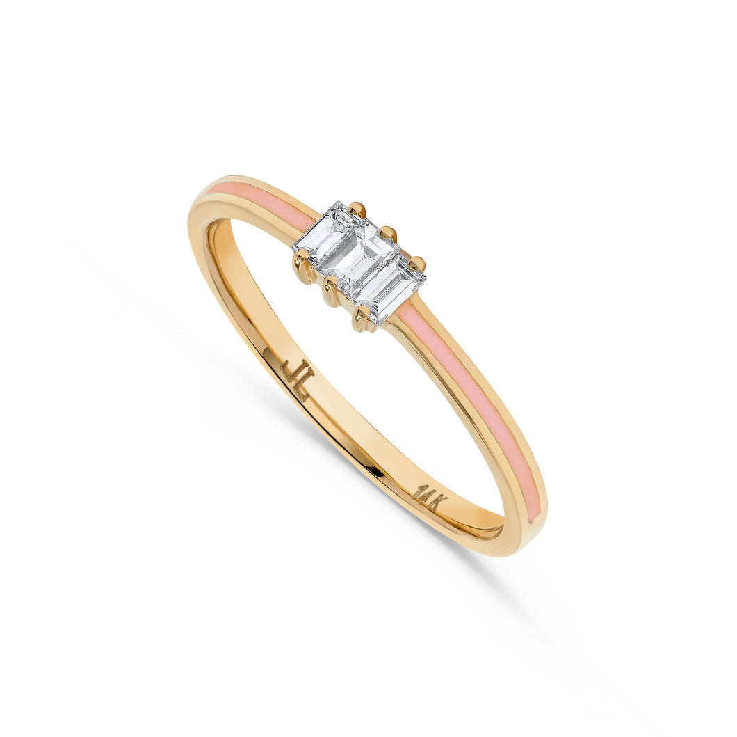 14K Gold Baguette Diamond and Pink Enamel Ring