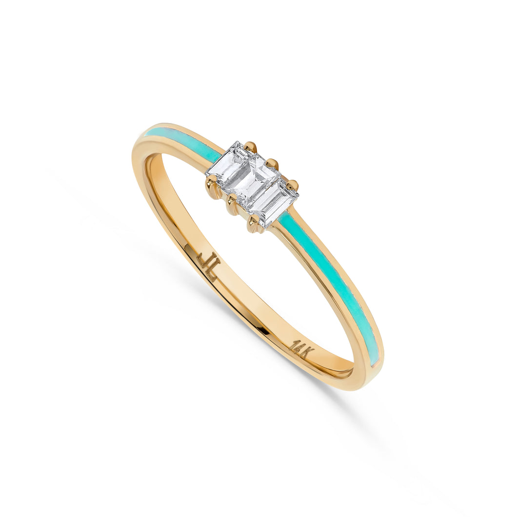 14K Gold Baguette Diamond and Turquoise Enamel Ring