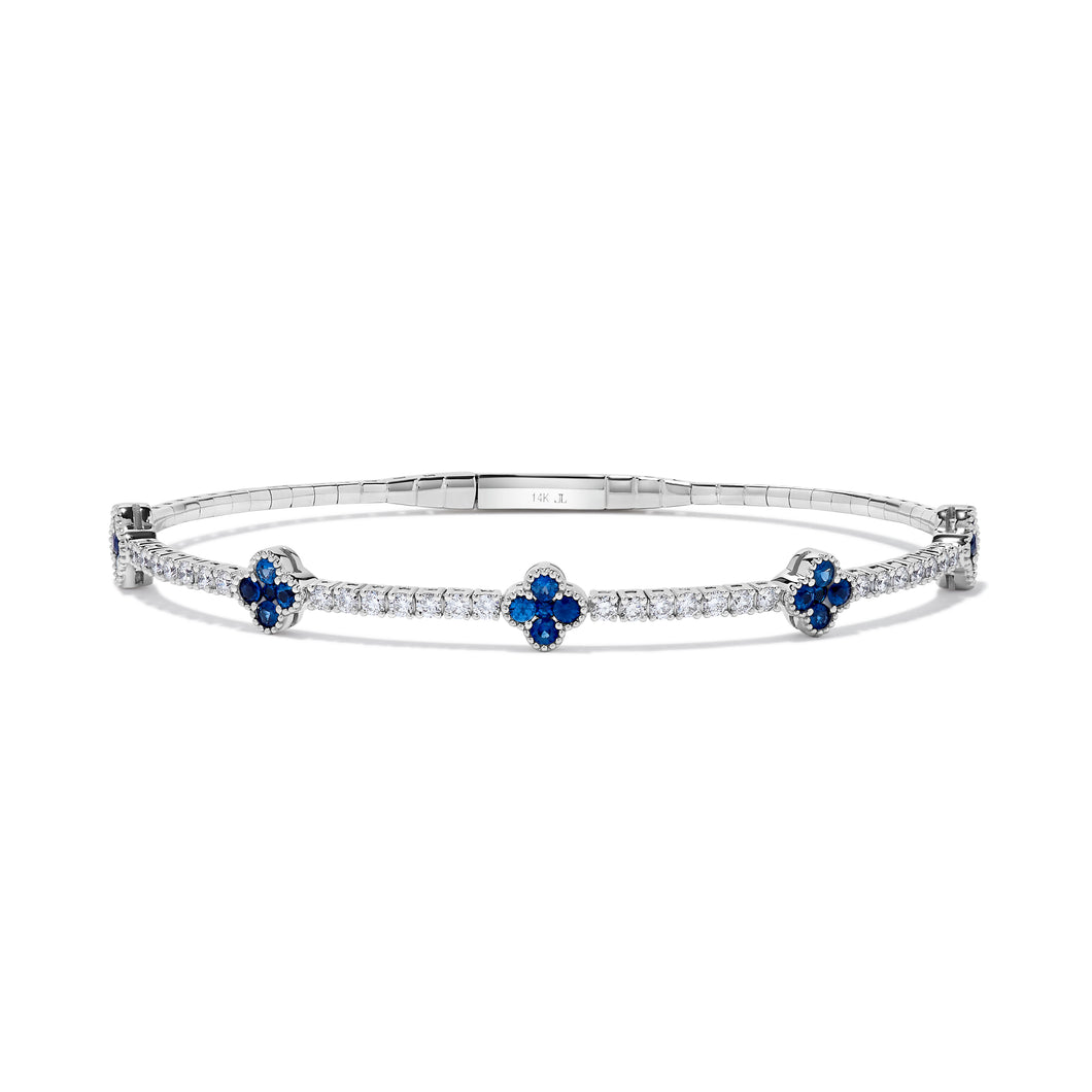 14K White Gold Sapphire & Diamond Clover Flex Bangle
