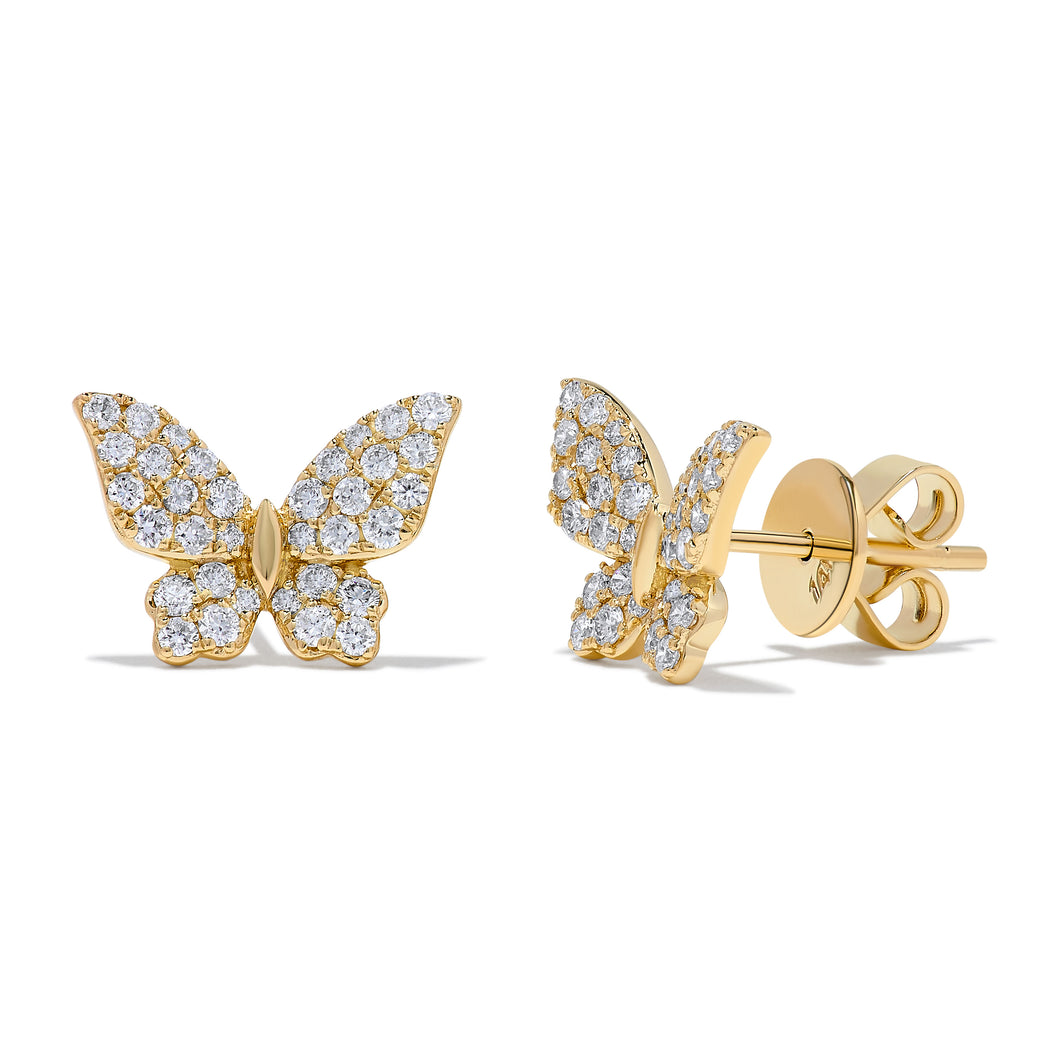14K Yellow Gold Diamond Butterfly Stud Earrings