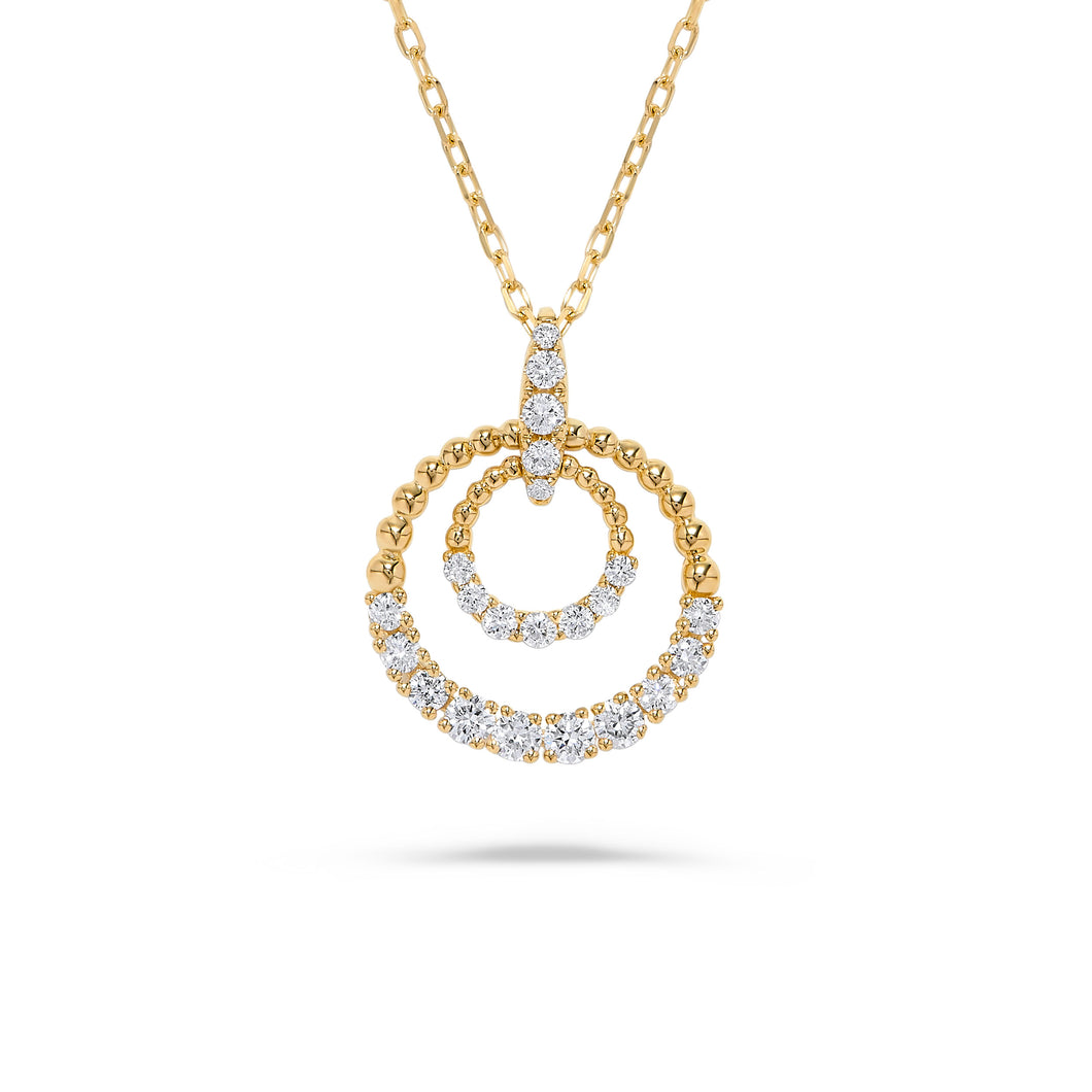 14K Yellow Gold Diamond Beaded Double Circle Pendant