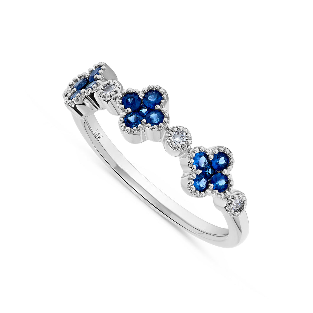 14K White Gold Sapphire & Diamond 3-Clover Ring