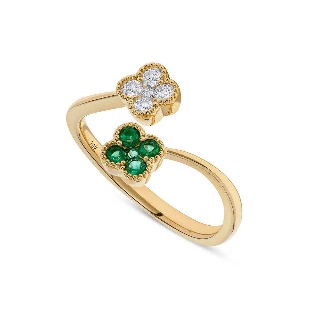 14K Yellow Gold Emerald & Diamond Flower Bypass Ring