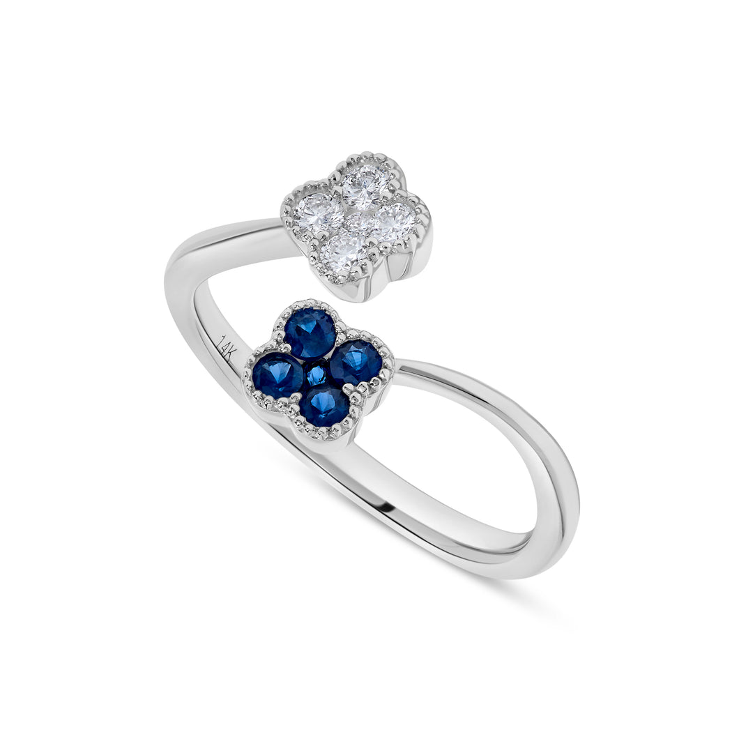 14K White Gold Sapphire & Diamond Flower Bypass Ring