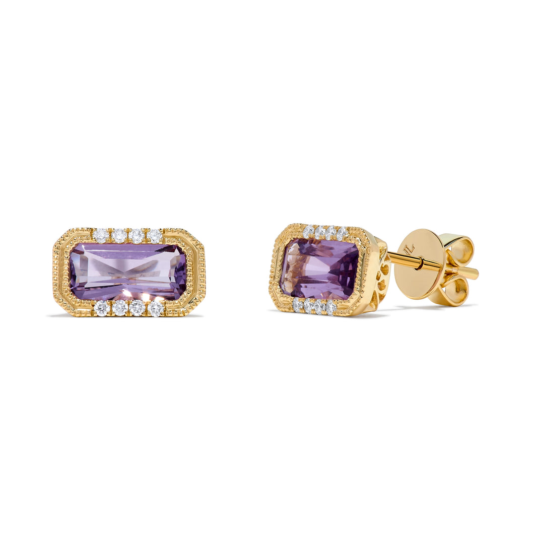 14K Yellow Gold Amethyst & Diamonds Stud Earrings