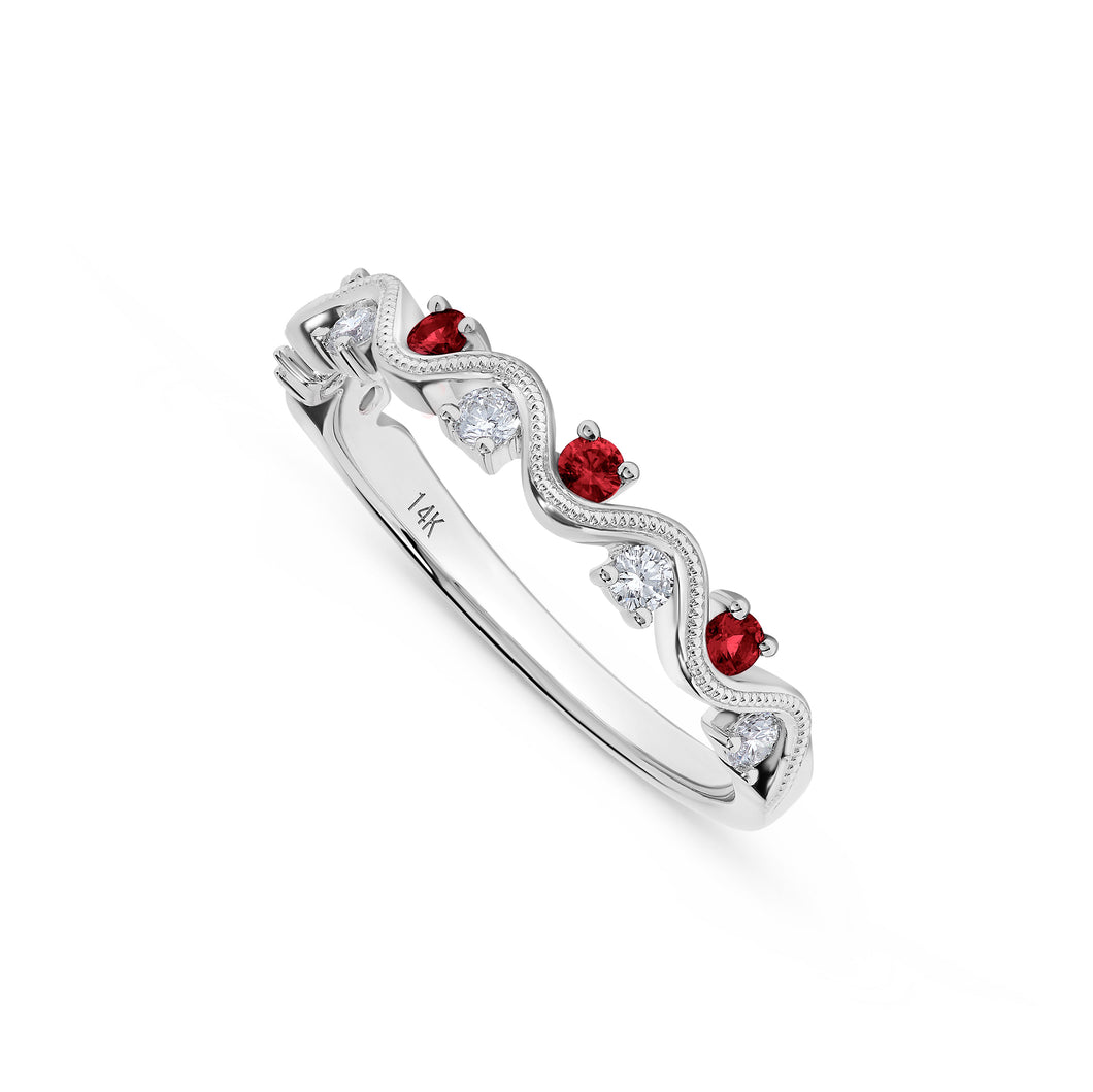 14K Gold Ruby & Diamond Wave Band