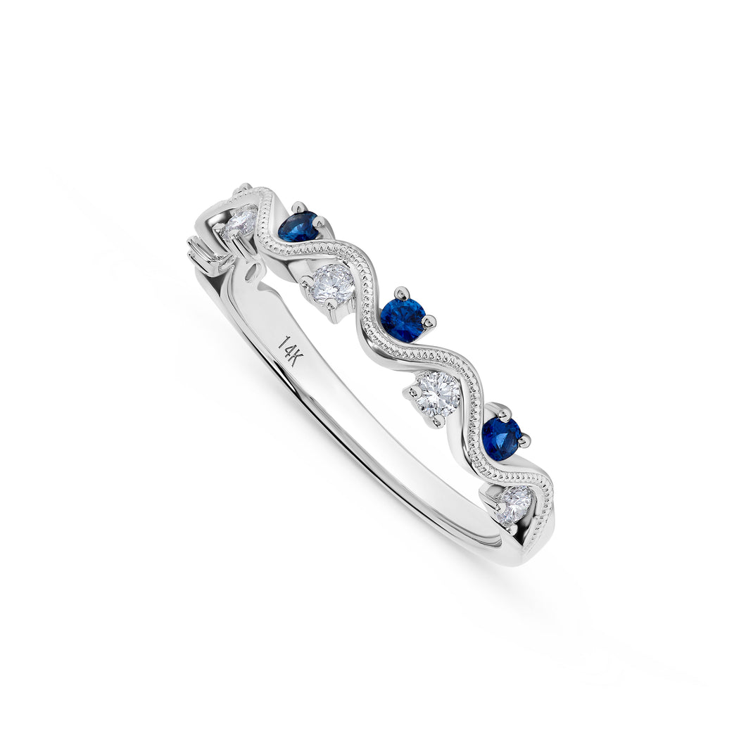 14K Gold Sapphire & Diamond Wave Band