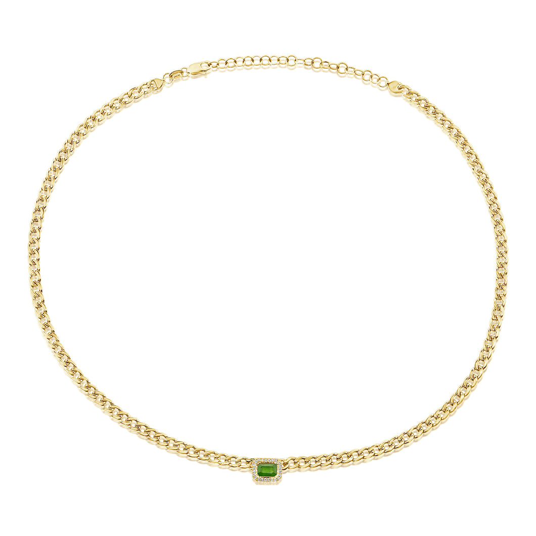 14K Yellow Gold Emerald & Diamond Curb Link Chain necklace 14-16