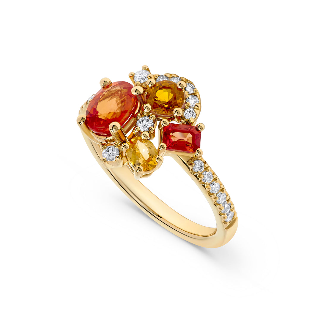 14K Yellow Gold Multi Orange/Yellow Sapphire & Diamond Flower Ring (Copy)