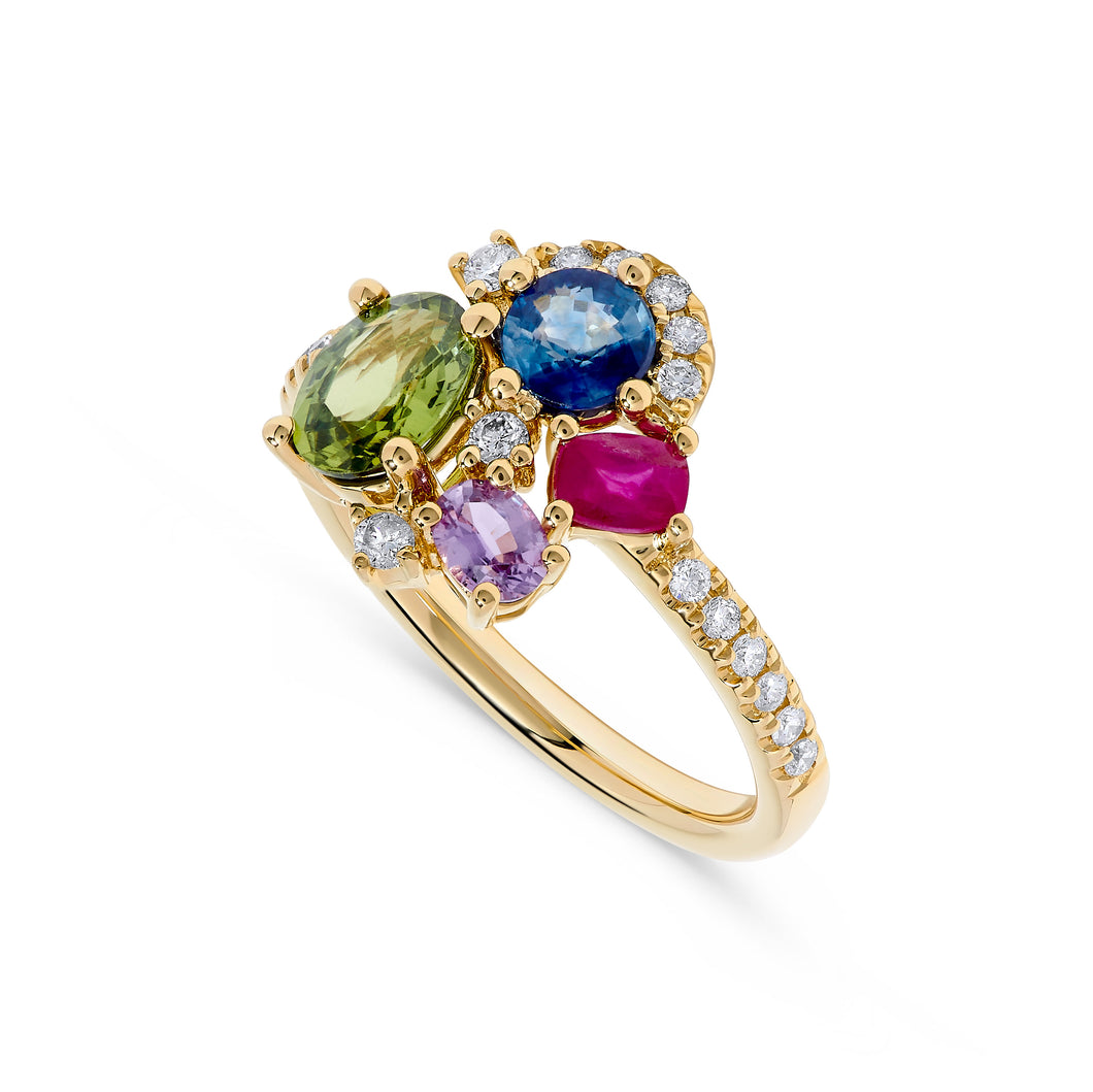 14K Yellow Gold  Multi Sapphire & Diamond Flower Ring