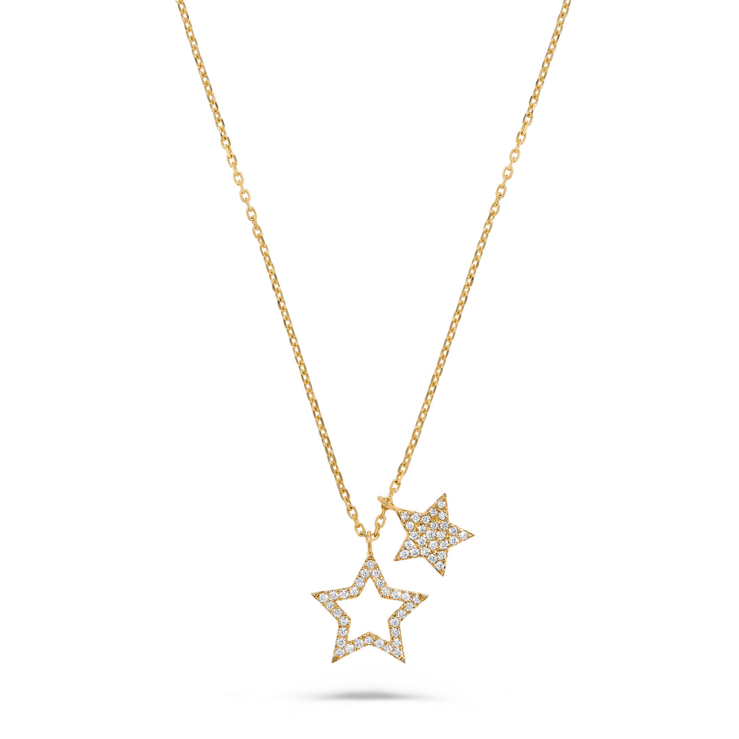 14K Yellow Gold Diamond Double Overlapping Star Pendant