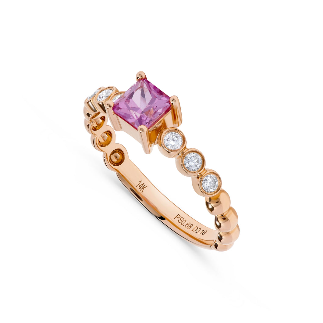 14K Rose Gold Princess Cut Pink Sapphire & Diamond Ring