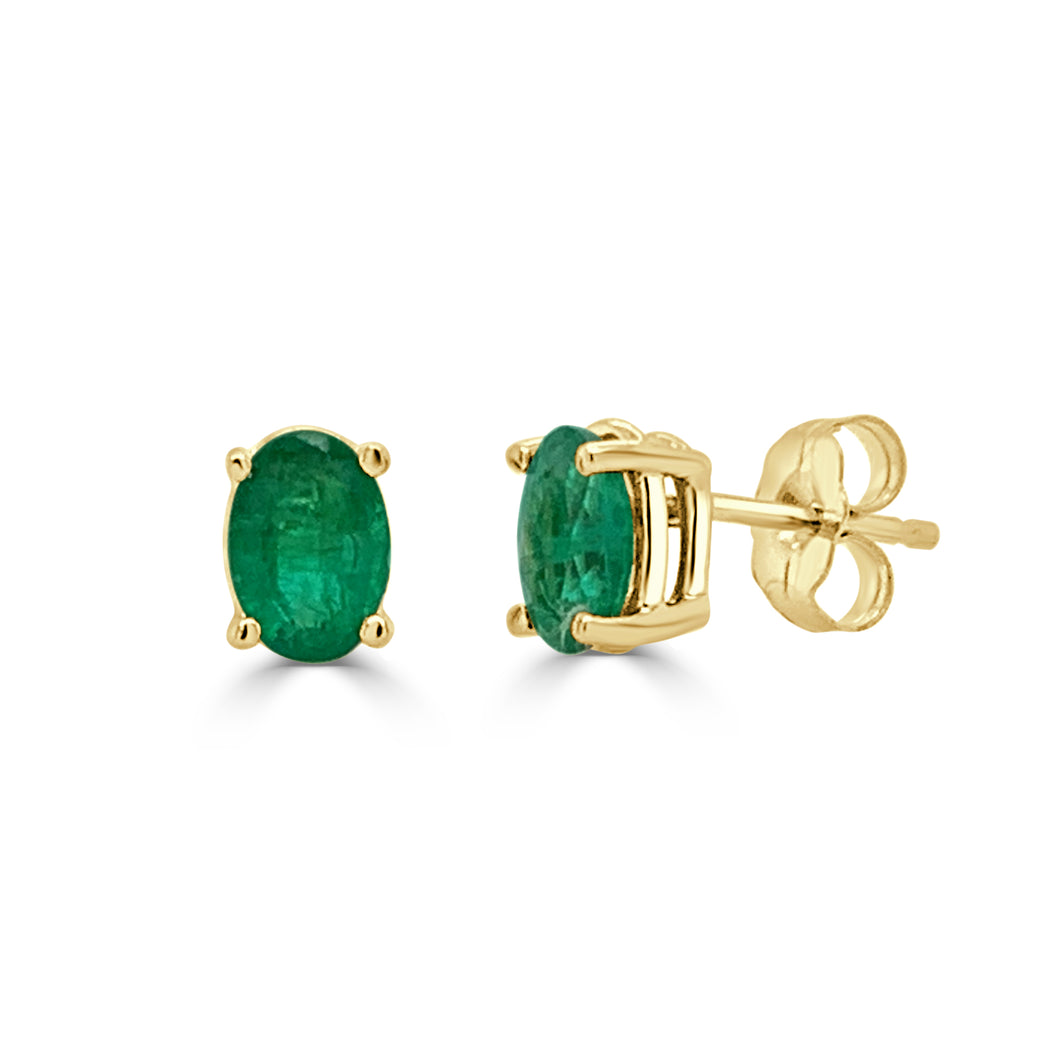 14K Gold Oval Emerald Stud Earrings