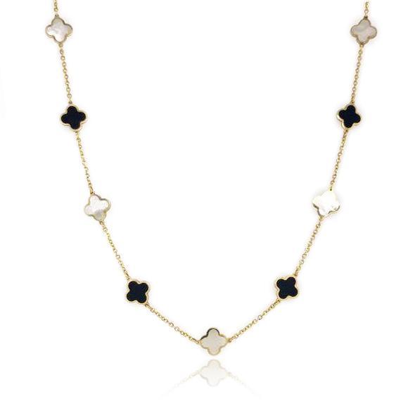 14k Gold Onyx and Pearl Clover Station Necklace
