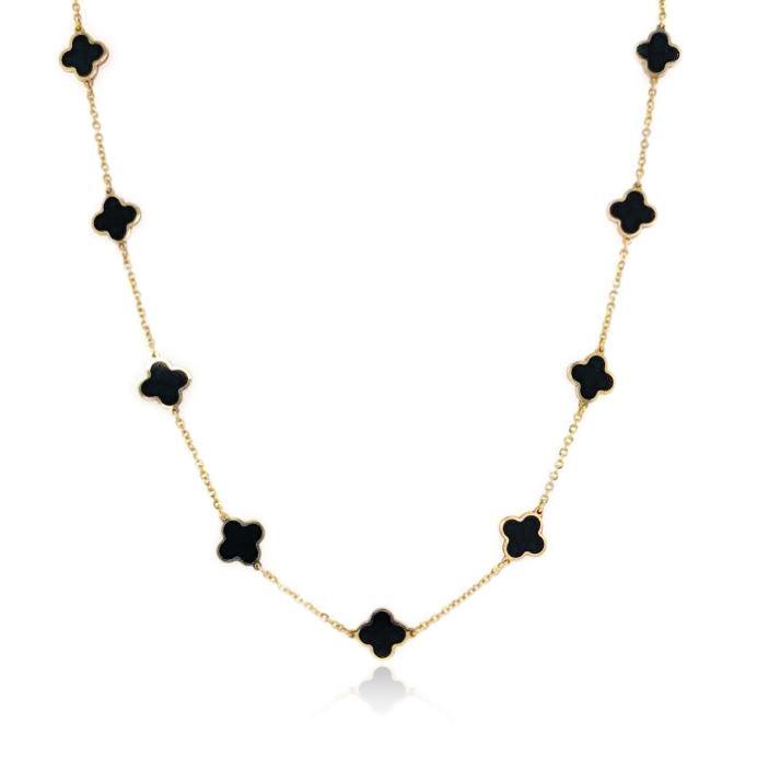 14k Gold & Onyx Clover Station Necklace