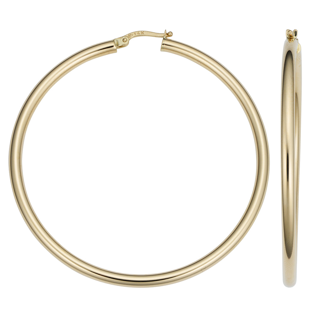 14K Gold Polished Tube Hoop Earrings  3 x 50 MM 2 Inches