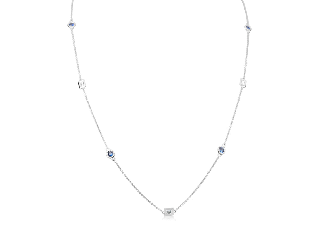 14K White Gold Round Sapphire & Baguette Diamond Necklace