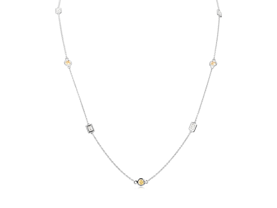 14K White Gold Yellow Sapphire & Baguette Diamond Station Necklace 18