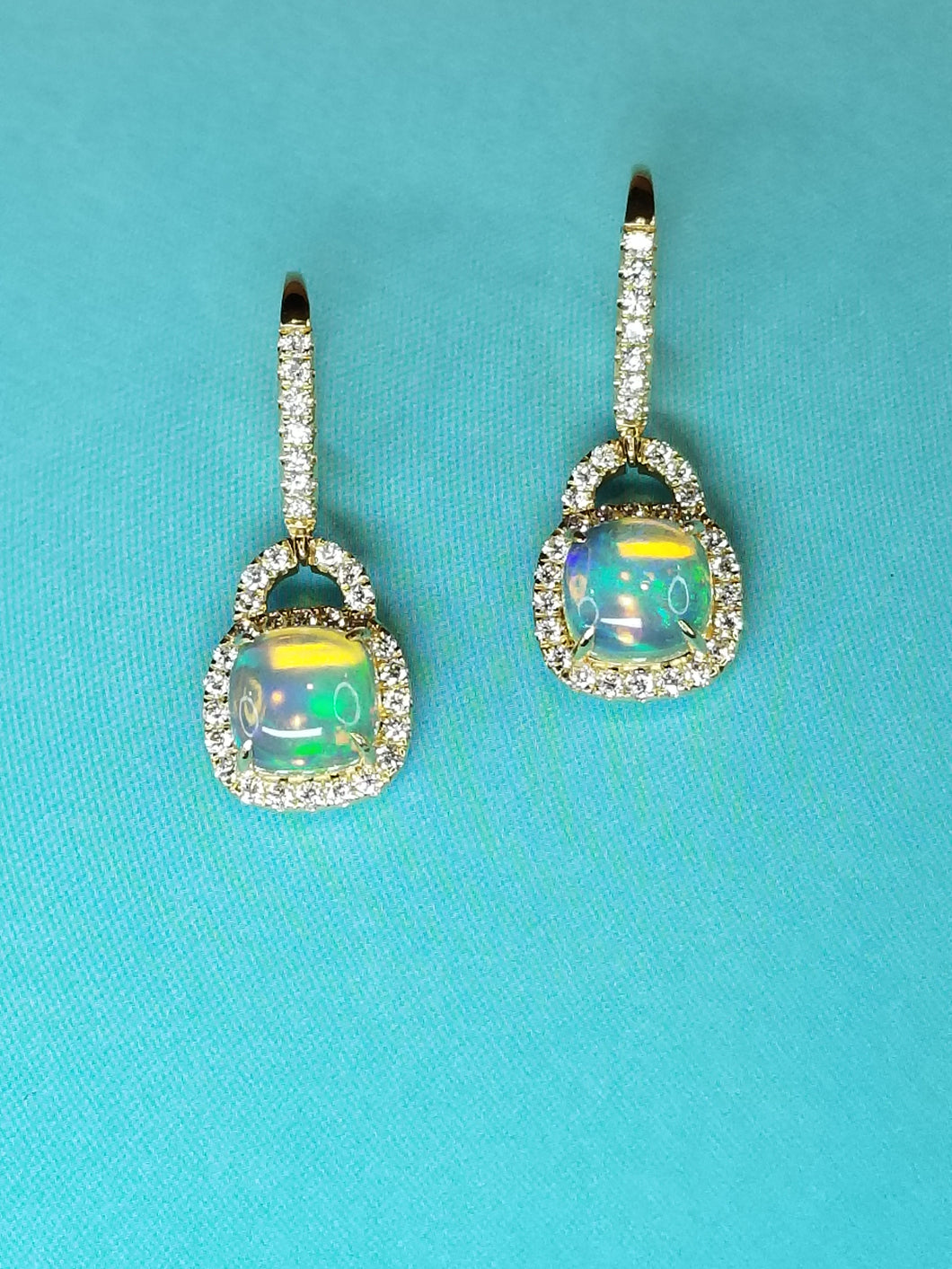 14K Gold Cushion Opal & Diamond Earrings