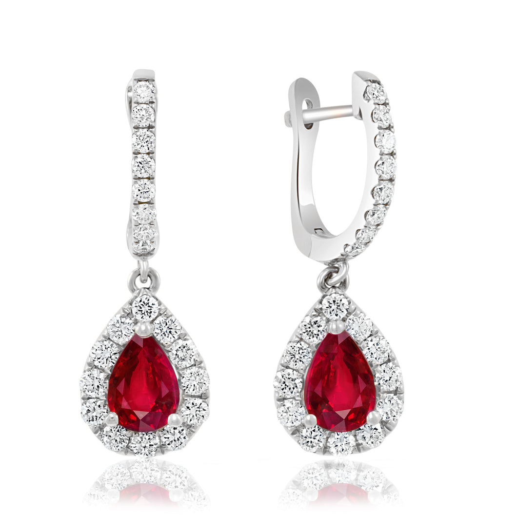 14K White Gold Ruby & Diamond Dangle Earrings