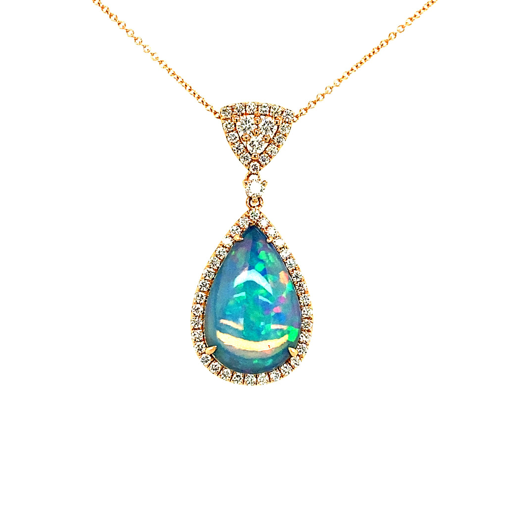 14K Rose Gold Pear Shape Opal & Diamond Pendant
