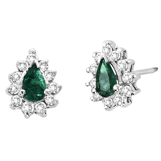 14K White Gold P/S Emerald & Diamond Stud Earrings