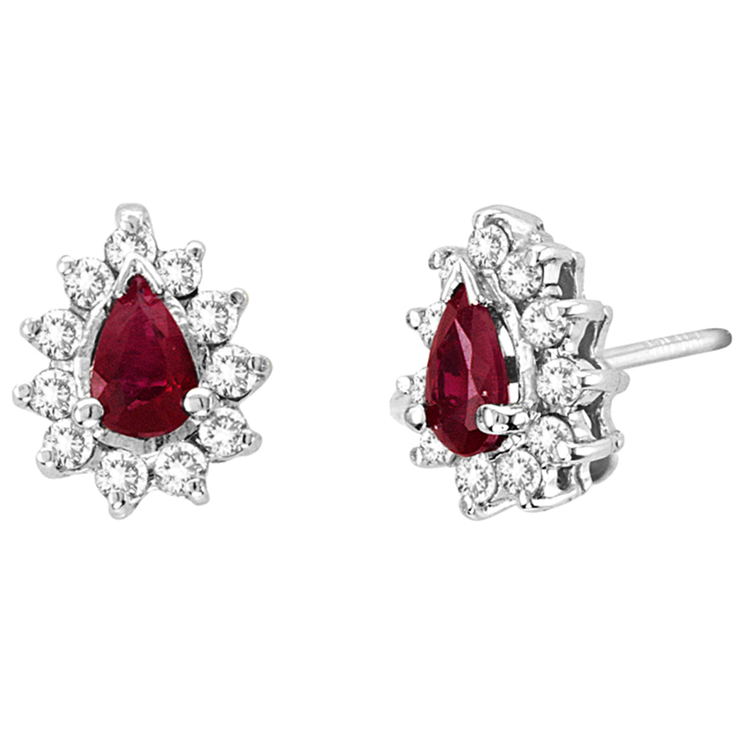 14K White Gold P/S Ruby & Diamond Stud Earrings