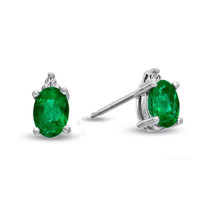 14K White Gold Oval Emerald & Diamond Stud Earrings