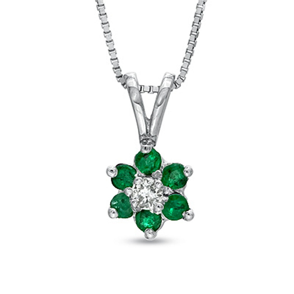14K White Gold Emerald & Diamond Flower Pendant 18