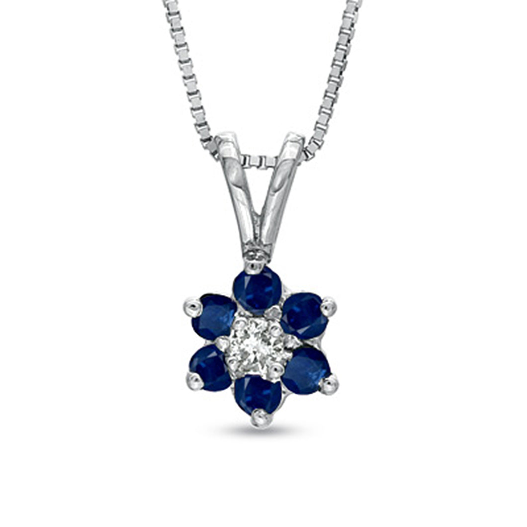 14K White Gold Sapphire & Diamond Flower Pendant 18