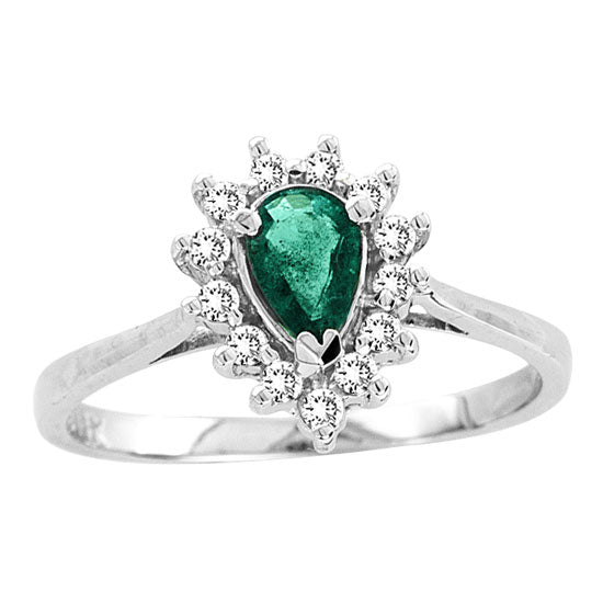 14K White Gold Pear Shape Emerald & Diamond Ring