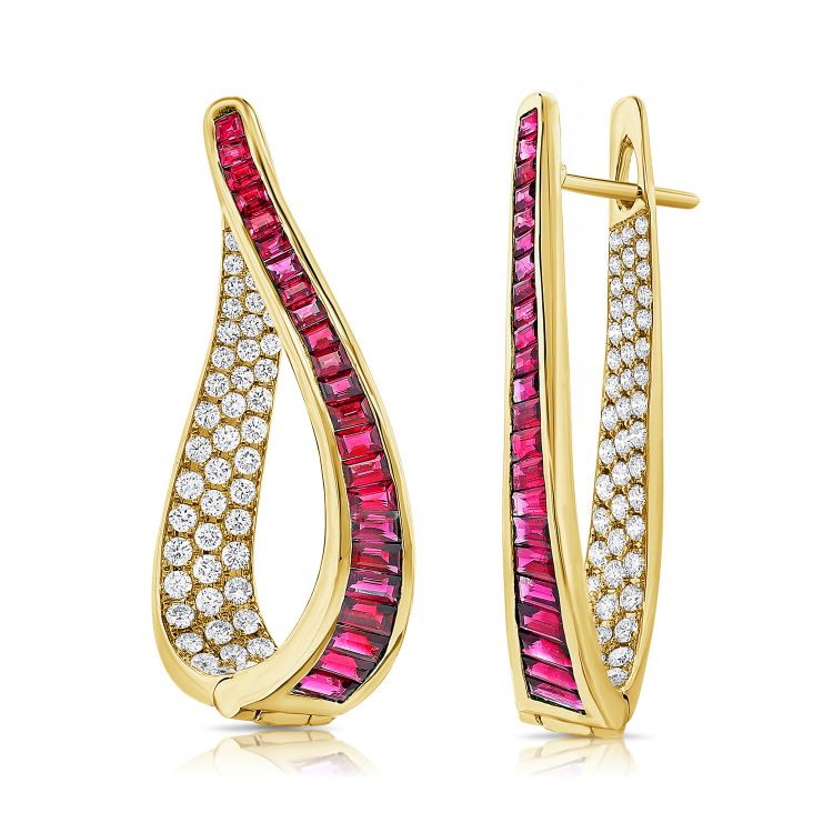 14K Yellow Gold Ruby & Diamond Hoop Earrings