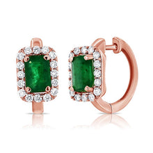 Load image into Gallery viewer, 14K Yellow Gold Emerald &amp; Diamond Huggie Earrings
