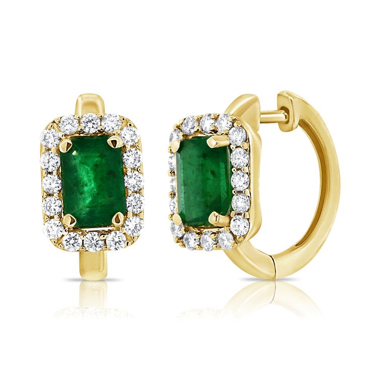 14K Yellow Gold Emerald & Diamond Huggie Earrings