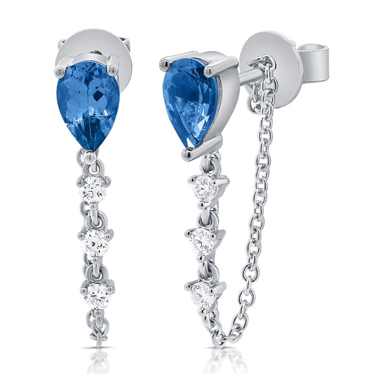 14K Gold Sapphire & Diamond Chain Dangle Earrings