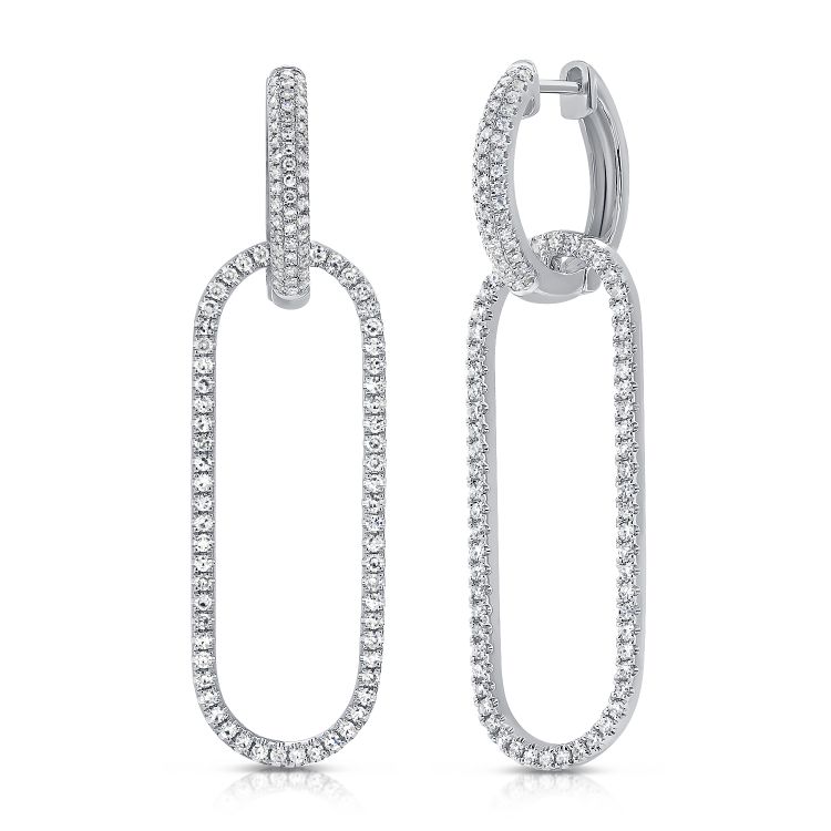 14K White Gold Diamond Large Link Dangle Earrings