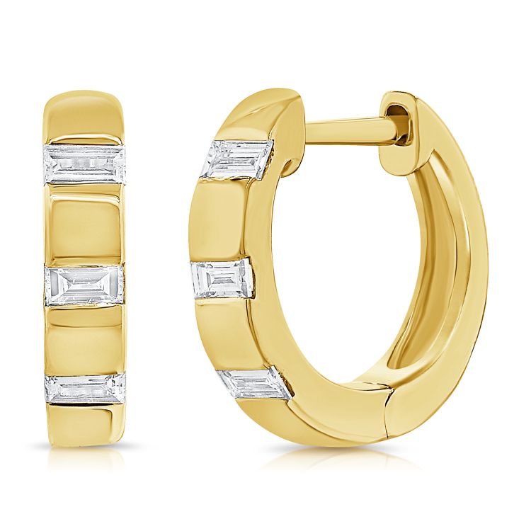 14K Yellow Gold Baguette Diamond Huggie Earrings