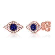 Load image into Gallery viewer, 14K Gold Evil Eye Sapphire &amp; Diamond Stud Earrings
