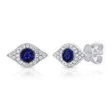 Load image into Gallery viewer, 14K Gold Evil Eye Sapphire &amp; Diamond Stud Earrings
