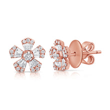 Load image into Gallery viewer, 14K Gold Baguette Diamond Flower Stud Earrings
