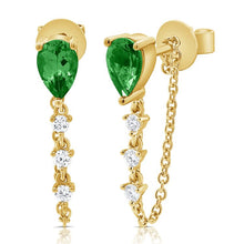 Load image into Gallery viewer, 14K Yellow Gold Emerald &amp; Diamond Chain Dangle Earrings
