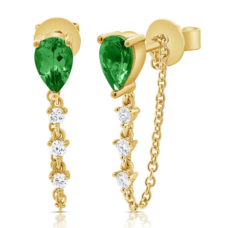 14K Yellow Gold Emerald & Diamond Chain Dangle Earrings