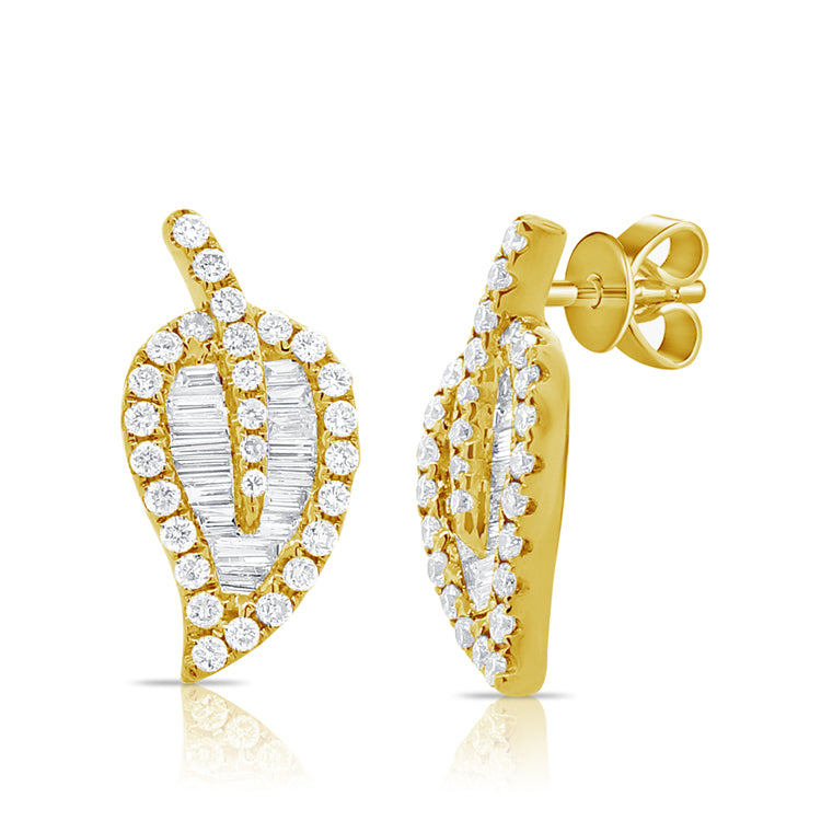 14K Gold Diamond Leaf Stud Earrings